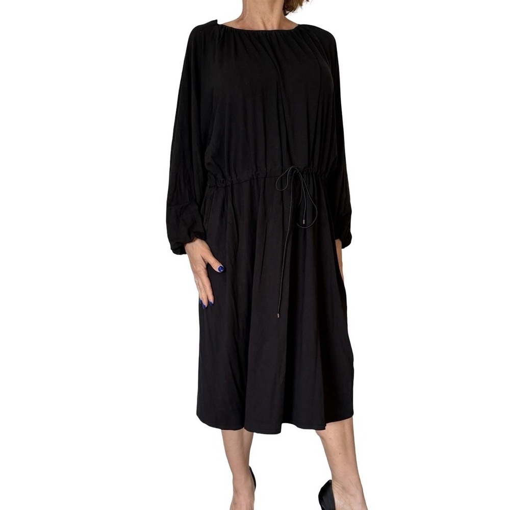 Mimu Maxi Black Drawstring Midi Dress Modest Minimalist Oversized Capsule Medium